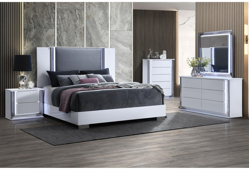 YLIME SMOOTH WHITE KING BED, DRESSER, MIRROR, NIGHTSTAND