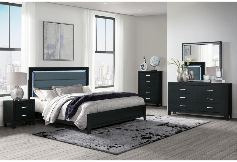 REID BLACK FULL BED, DRESSER, MIRROR AND NIGHTSTAND