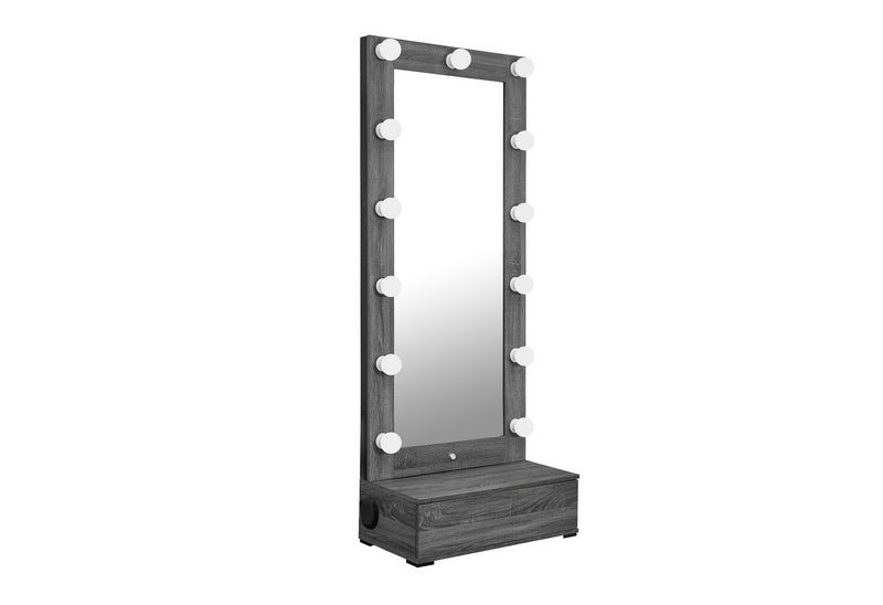 LEXI GREY TALL MIRROR WITH DRAWER AND SPEAKERS