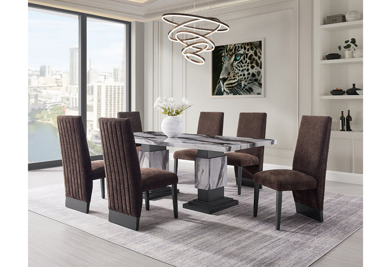 D12 DINING TABLE AND 8 D12 BROWN DINING CHAIRS