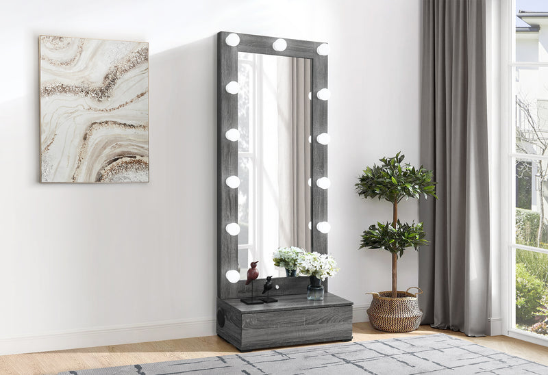 LEXI GREY TALL MIRROR WITH DRAWER AND SPEAKERS
