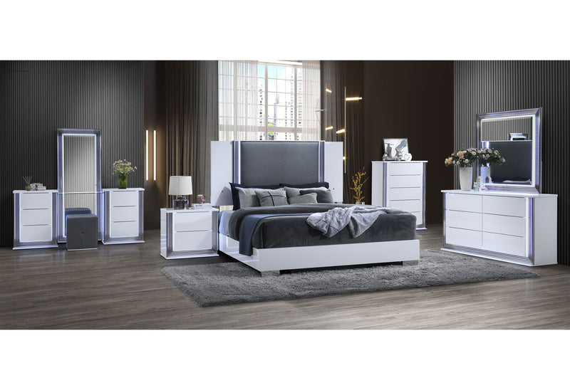 YLIME SMOOTH WHITE KING BED, DRESSER, MIRROR, NIGHTSTAND
