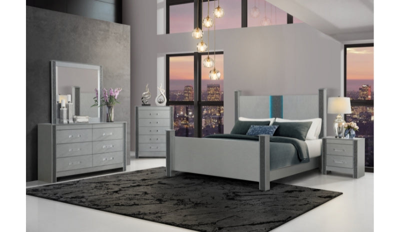 LOGAN SILVER KING BED, DRESSER, MIRROR AND NIGHTSTAND