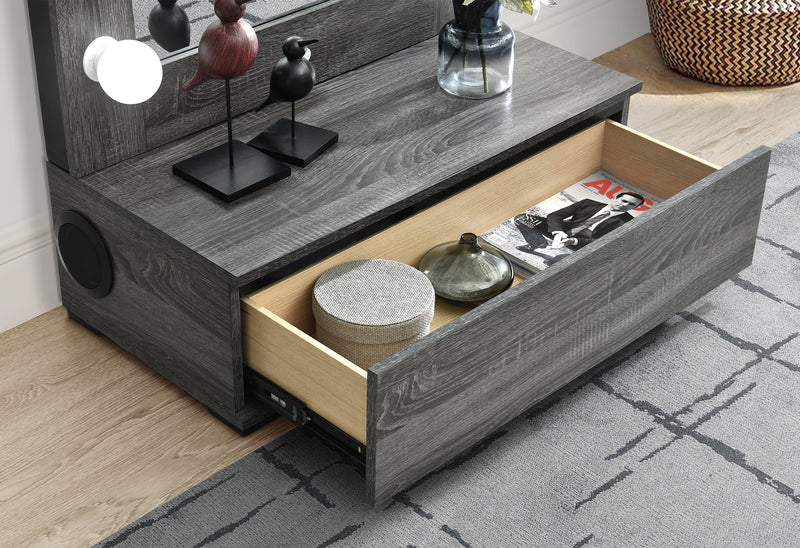 LEXI GREY TALL MIRROR WITH DRAWER AND SPEAKERS
