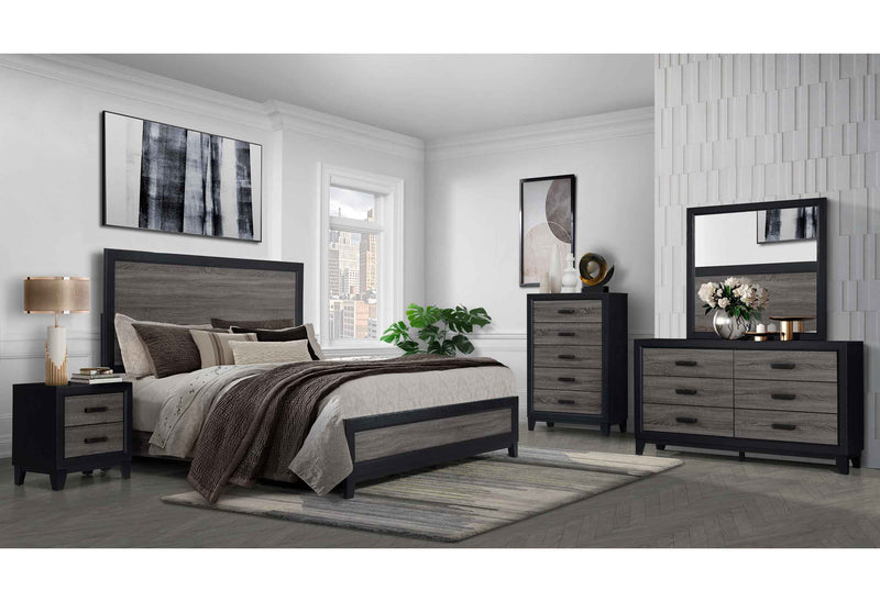 LISBON GREY/BLACK QUEEN BED, DRESSER, MIRROR AND NIGHTSTAND
