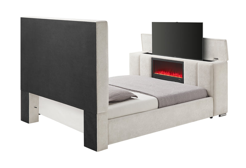 SERENITY CREMA QUEEN BED WITH SPEAKER, TV LIFT AND FIREPLACE