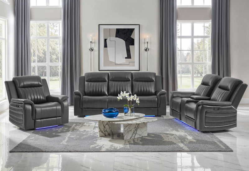 U8879 CHARCOAL PWR REC SOFA/PWR CON REC LOVESEAT/PWR REC W/LED & GL SS