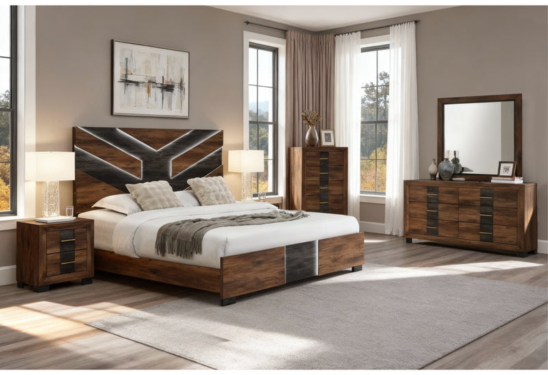 OPTIMUS BROWN/BLACK KING BED, DRESSER, MIRROR AND NIGHTSTAND