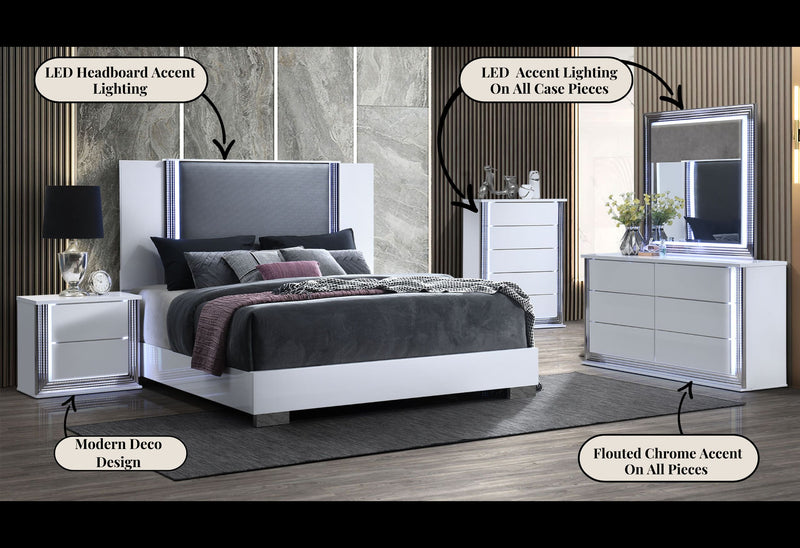 YLIME SMOOTH WHITE KING BED, DRESSER, MIRROR, NIGHTSTAND