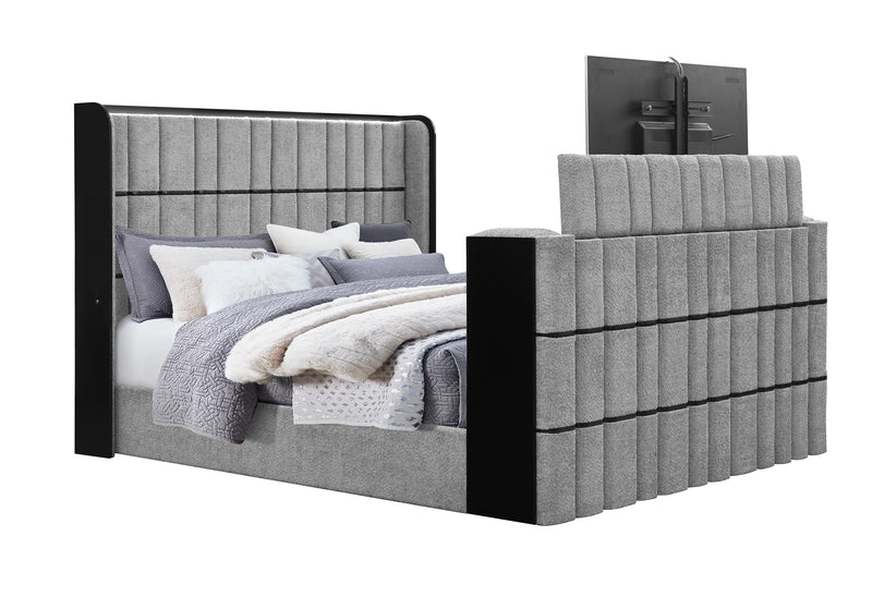 ISABELLA GREY KING BED W/LED, TV LIFT, SPEAKER AND FIREPLACE