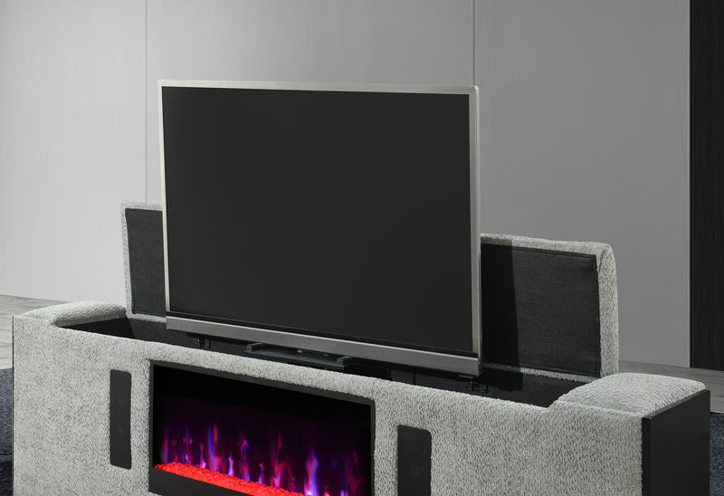 ISABELLA GREY KING BED W/LED, TV LIFT, SPEAKER AND FIREPLACE