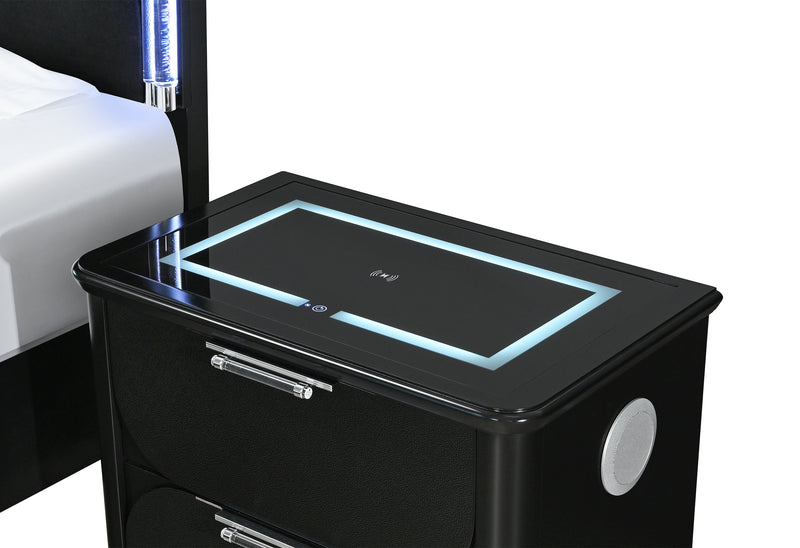 LANDO BLACK NIGHTSTAND WITH SPEAKER AND WIRELESS CHARGING PLATFORM
